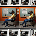 **A collage depicting various VR safety measures: adjusting privacy settings, strong passwords, a designated play area, and a person taking a break from VR. The collage aims to show risks in VR, like data theft and accidents, and how to prevent them.**