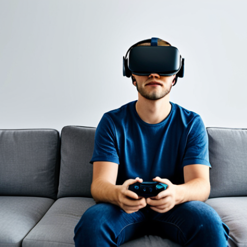 A young adult, fully clothed in modest, comfortable attire, deeply immersed in a virtual reality experience. They are wearing a sleek, modern VR headset, with subtle light reflections of a vibrant virtual landscape visible on its surface. The subject is seated on a sofa in a contemporary, brightly lit living room, perfectly composed and in a natural pose. Well-formed hands are resting naturally on their lap or holding controllers discreetly, with proper finger count. Professional photography, high detail, sharp focus, natural body proportions, correct proportions, safe for work, appropriate content, family-friendly.