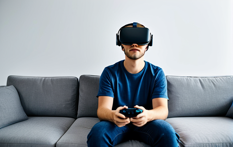 A young adult, fully clothed in modest, comfortable attire, deeply immersed in a virtual reality experience. They are wearing a sleek, modern VR headset, with subtle light reflections of a vibrant virtual landscape visible on its surface. The subject is seated on a sofa in a contemporary, brightly lit living room, perfectly composed and in a natural pose. Well-formed hands are resting naturally on their lap or holding controllers discreetly, with proper finger count. Professional photography, high detail, sharp focus, natural body proportions, correct proportions, safe for work, appropriate content, family-friendly.