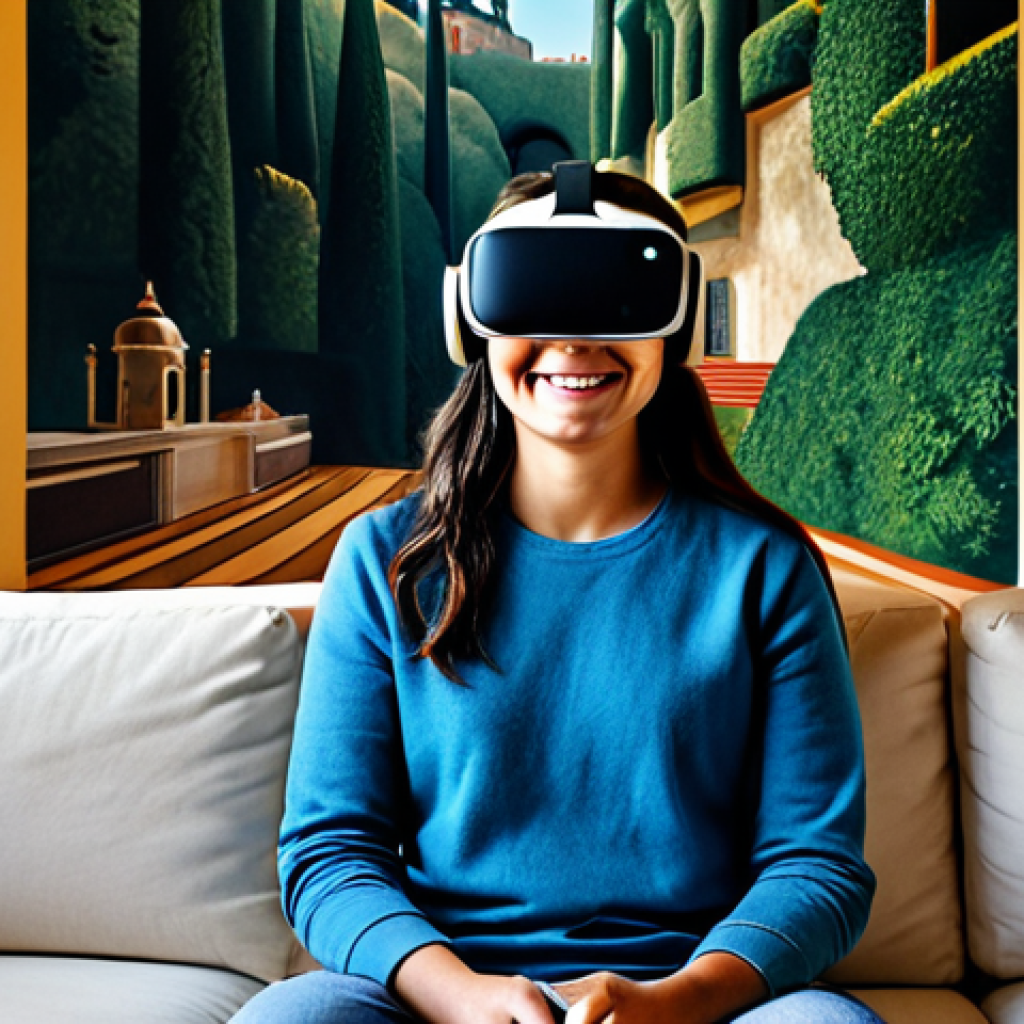 **

"A family-friendly scene showcasing a person wearing a VR headset, sitting comfortably on a couch in a modern Lisbon apartment. The view inside the VR headset depicts a stunning, realistic recreation of the Palácio da Pena in Sintra, Portugal, on a sunny day. The person is smiling, fully clothed in casual attire. 'Safe for work,' 'appropriate content,' 'fully clothed,' 'professional,' 'modest,' perfect anatomy, natural proportions, high quality rendering, realistic, promoting cultural exploration, depicting Portuguese heritage."

**
