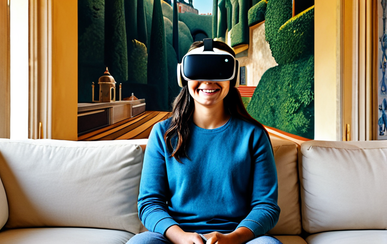 **

"A family-friendly scene showcasing a person wearing a VR headset, sitting comfortably on a couch in a modern Lisbon apartment. The view inside the VR headset depicts a stunning, realistic recreation of the Palácio da Pena in Sintra, Portugal, on a sunny day. The person is smiling, fully clothed in casual attire. 'Safe for work,' 'appropriate content,' 'fully clothed,' 'professional,' 'modest,' perfect anatomy, natural proportions, high quality rendering, realistic, promoting cultural exploration, depicting Portuguese heritage."

**