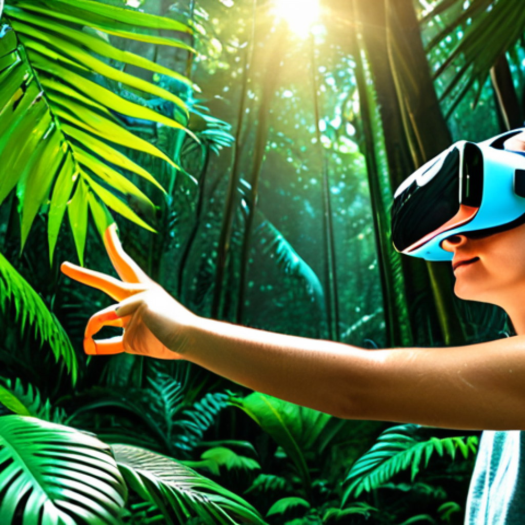 **Immersive Sensory Experience:** A person wearing VR goggles, seemingly touching virtual leaves in a vibrant, lush rainforest. Sunlight filters through the canopy. High resolution, detailed textures, realistic lighting, vibrant colors. Professional photography, safe for work, appropriate content, fully clothed, professional, modest, family-friendly, perfect anatomy, natural proportions, well-formed hands, proper finger count, natural body proportions.