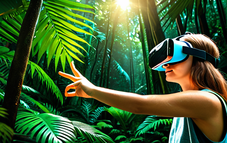 **Immersive Sensory Experience:** A person wearing VR goggles, seemingly touching virtual leaves in a vibrant, lush rainforest. Sunlight filters through the canopy. High resolution, detailed textures, realistic lighting, vibrant colors. Professional photography, safe for work, appropriate content, fully clothed, professional, modest, family-friendly, perfect anatomy, natural proportions, well-formed hands, proper finger count, natural body proportions.