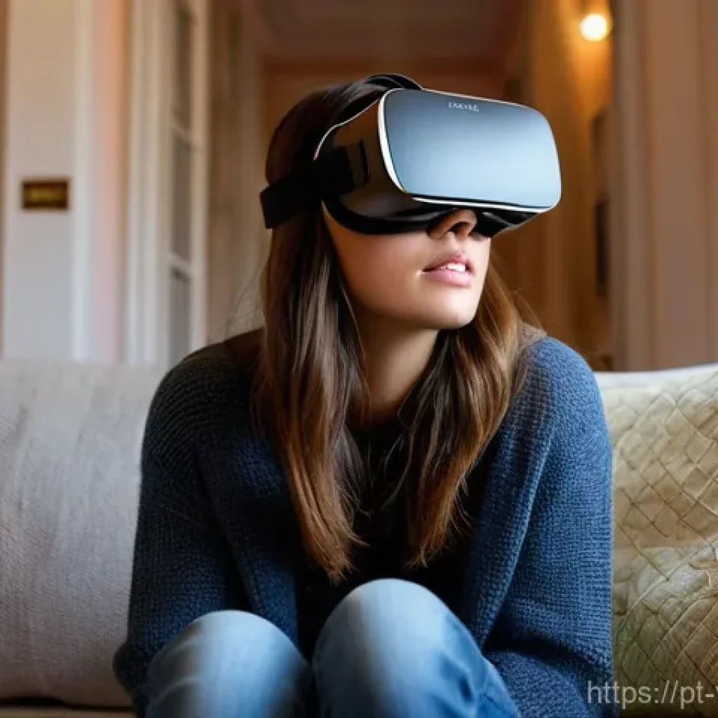가상현실 여행 플랫폼의 사용자 경험 - **Prompt:** "A young woman, approximately 28 years old, is comfortably seated in a modern living roo...