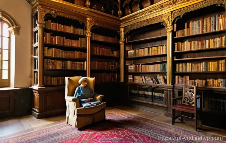 가상현실 여행의 문화적 가치 - **Prompt:** A serene scene inside the magnificent Biblioteca Joanina in Coimbra, Portugal. An elderl...