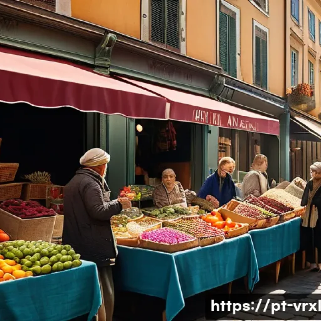 가상현실 여행과 현실 여행의 차이점 - A vibrant, bustling outdoor market in a sunny, old European city. The scene captures a rich sensory ...