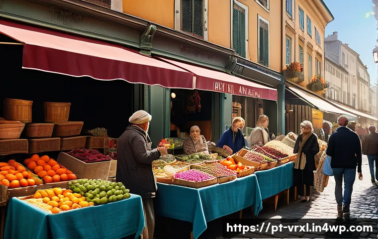 가상현실 여행과 현실 여행의 차이점 - A vibrant, bustling outdoor market in a sunny, old European city. The scene captures a rich sensory ...