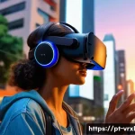 가상현실 여행 시뮬레이터의 기술적 요소 - A young adult woman wearing a lightweight, ergonomic VR headset and wireless controllers, immersed i...