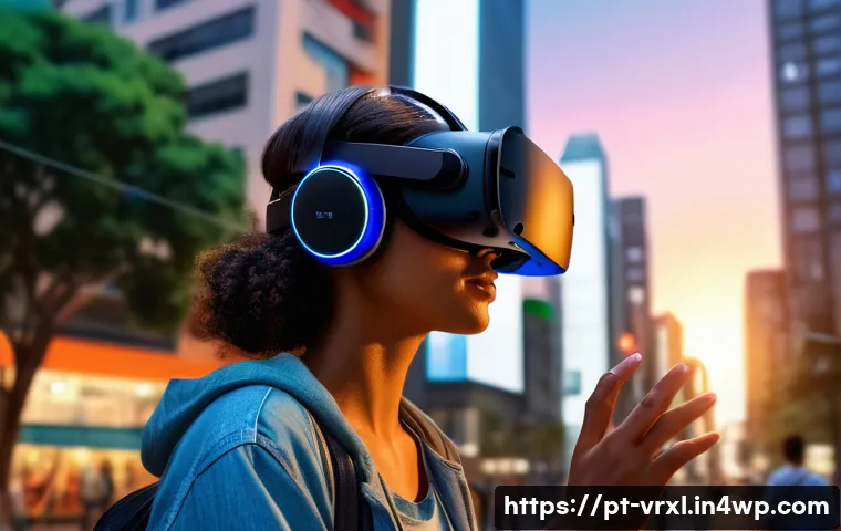 가상현실 여행 시뮬레이터의 기술적 요소 - A young adult woman wearing a lightweight, ergonomic VR headset and wireless controllers, immersed i...