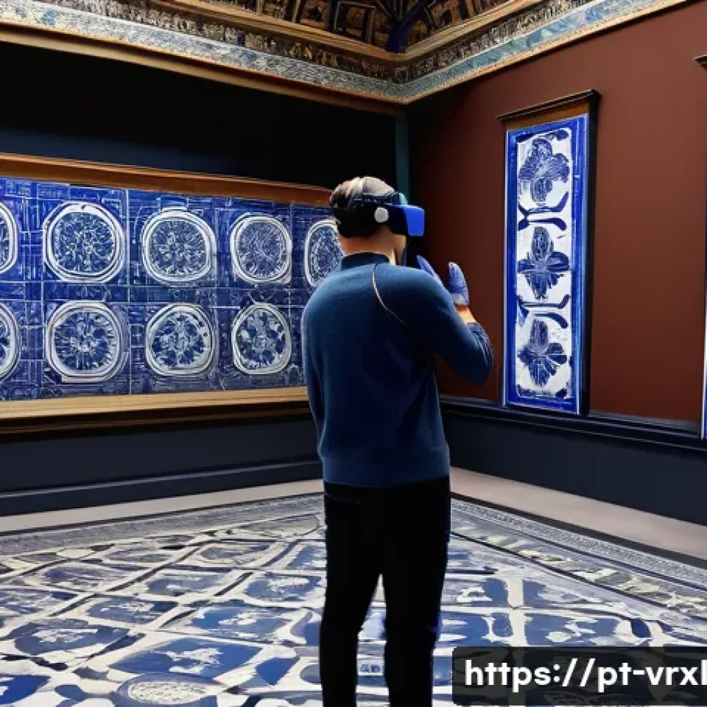 가상현실 여행의 고객 맞춤형 경험 - A detailed virtual reality scene of a cultural museum tour in Portugal, featuring a user wearing adv...