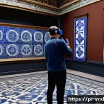 가상현실 여행의 고객 맞춤형 경험 - A detailed virtual reality scene of a cultural museum tour in Portugal, featuring a user wearing adv...