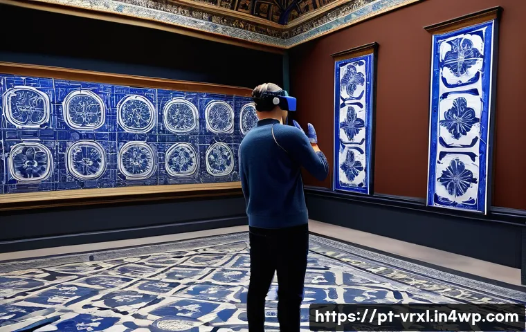 가상현실 여행의 고객 맞춤형 경험 - A detailed virtual reality scene of a cultural museum tour in Portugal, featuring a user wearing adv...