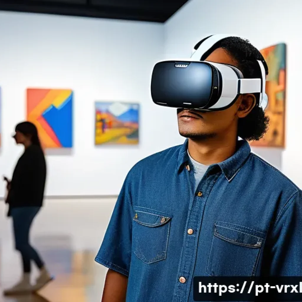 가상현실 여행의 대중화 원동력 - A sleek, modern virtual reality headset user immersed in a vibrant virtual museum tour, wearing comf...