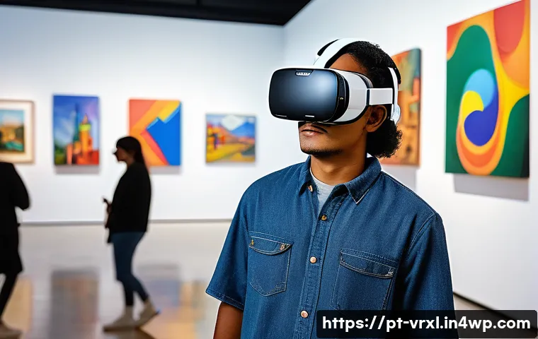 가상현실 여행의 대중화 원동력 - A sleek, modern virtual reality headset user immersed in a vibrant virtual museum tour, wearing comf...