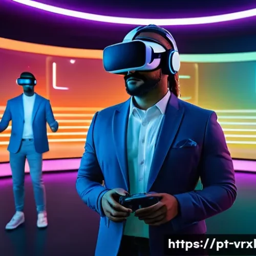 Home 33 VR 여행과 소셜 미디어의 연관성 - A highly detailed scene of a futuristic virtual reality social event inside a sleek, modern VR space...