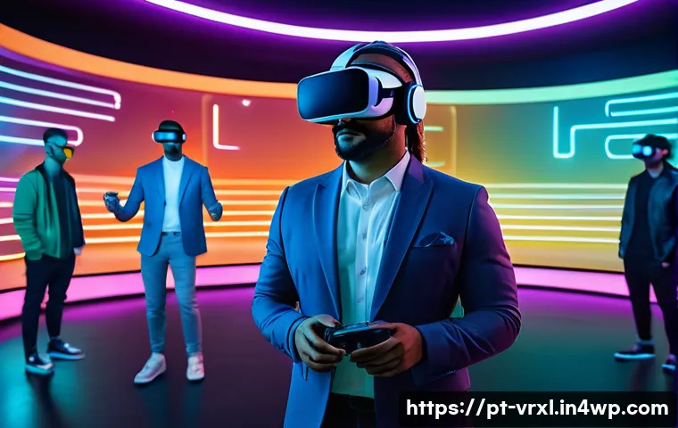 VR 여행과 소셜 미디어의 연관성 - A highly detailed scene of a futuristic virtual reality social event inside a sleek, modern VR space...