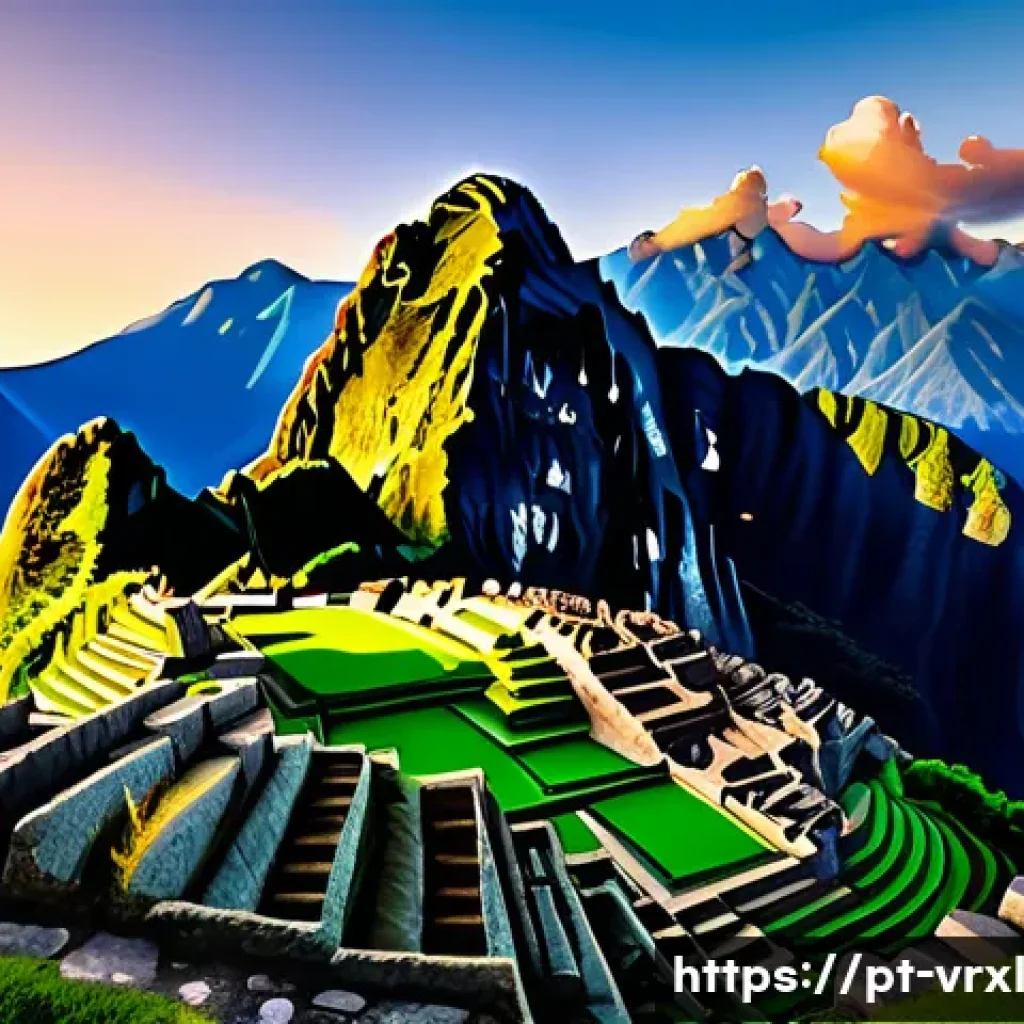 가상현실 여행의 다양한 콘텐츠 유형 - A highly detailed virtual reality scene of the ancient Machu Picchu ruins at sunrise, showcasing int...
