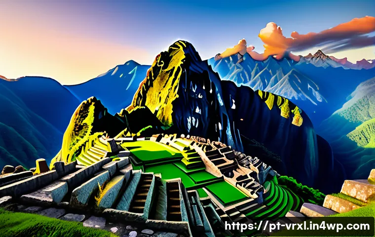 가상현실 여행의 다양한 콘텐츠 유형 - A highly detailed virtual reality scene of the ancient Machu Picchu ruins at sunrise, showcasing int...