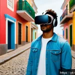 Home 19 거주지 기반 가상현실 여행 - A detailed virtual reality urban exploration scene showing a young adult wearing lightweight, comfor...