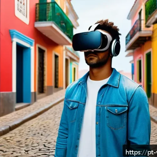 Home 31 거주지 기반 가상현실 여행 - A detailed virtual reality urban exploration scene showing a young adult wearing lightweight, comfor...