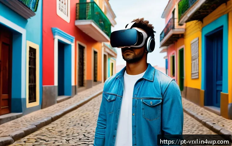 거주지 기반 가상현실 여행 - A detailed virtual reality urban exploration scene showing a young adult wearing lightweight, comfor...