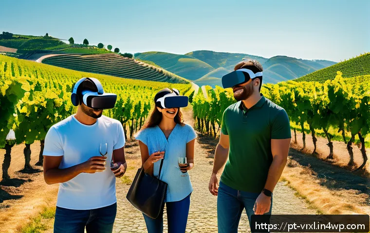 가상현실 여행의 연구 동향 - A highly detailed virtual reality scene showing a group of friends wearing comfortable casual clothi...