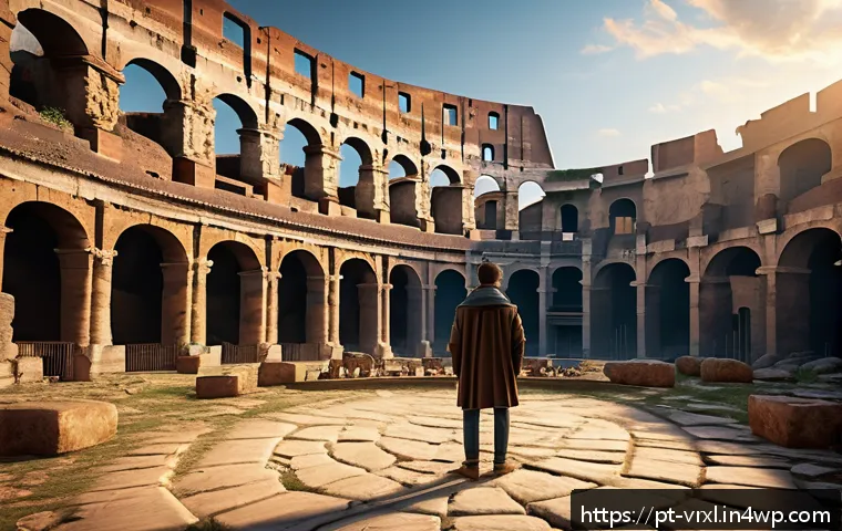 가상현실 여행을 통해 배우는 역사 - A highly detailed virtual reality scene of the ancient Roman Colosseum during sunset, showcasing int...