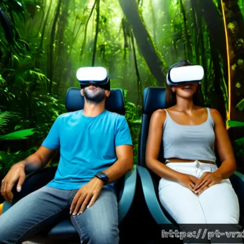 가상현실 여행의 경험 경제 - Photorealistic cinematic scene of a Brazilian couple in a sleek São Paulo virtual-reality travel lou...