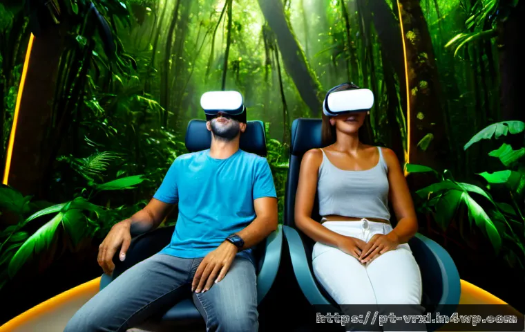가상현실 여행의 경험 경제 - Photorealistic cinematic scene of a Brazilian couple in a sleek São Paulo virtual-reality travel lou...