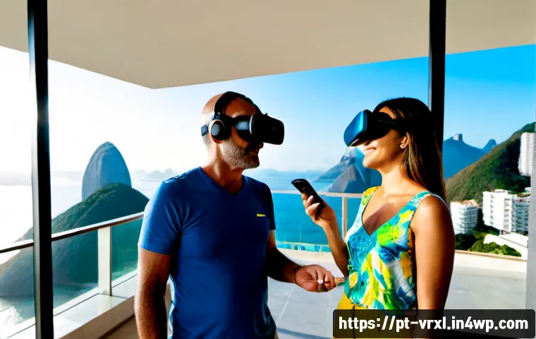 Home 17 가상현실 여행과 모바일 플랫폼의 결합 - Photorealistic lifestyle scene of a Brazilian couple in their late 50s using a mobile VR travel app ...