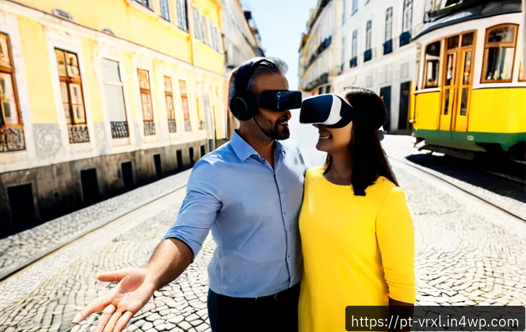 가상현실 여행의 위치 기반 서비스 - Photorealistic Lisbon travel scene, a middle-aged Portuguese couple wearing modern virtual reality h...